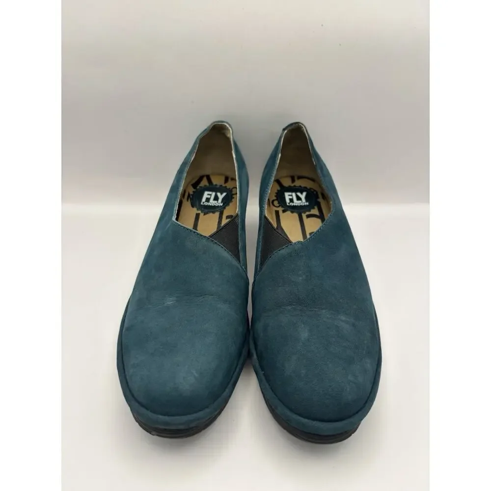 Fly London Peso Leather Blue Wedges Size 39 (Women 8-8.5)